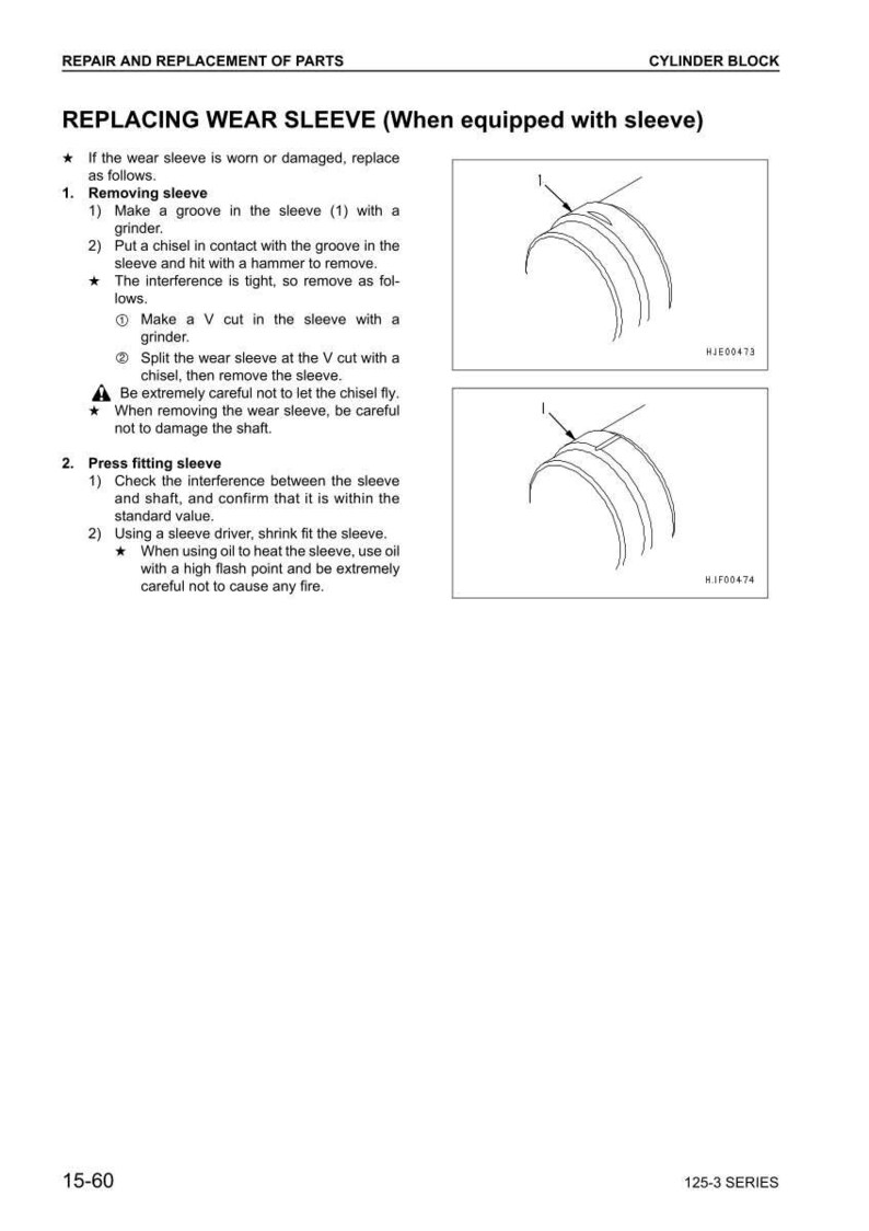 May include: Diagram of cylinder block repair instructions. Text includes steps for replacing a wear sleeve, including removing and press fitting the sleeve. Includes illustrations of the sleeve.