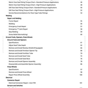 May include: A page from a manual with a table of contents. The text includes repair specifications, welding, ground tools, openers, press wheels, electrical, and sensors. Page numbers are listed on the right.