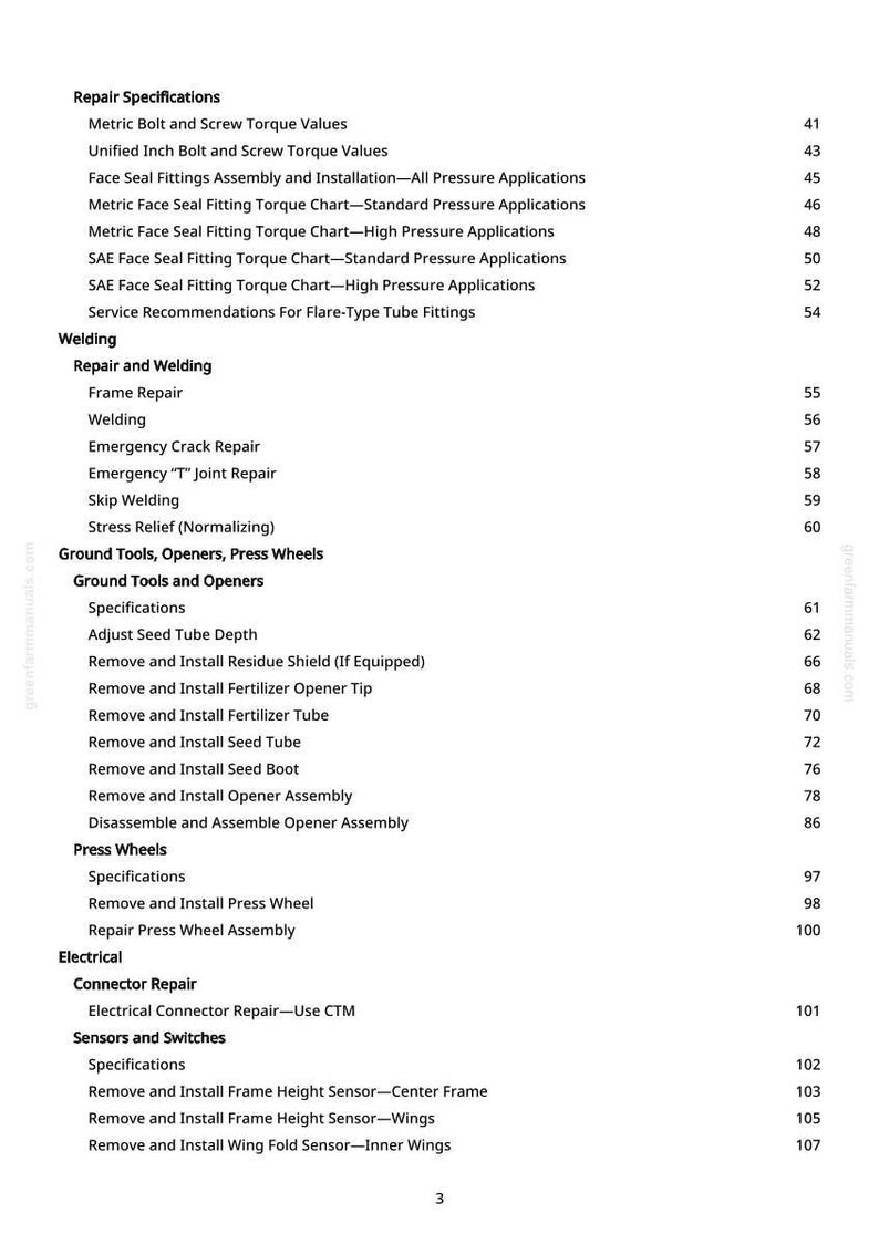 May include: A page from a manual with a table of contents. The text includes repair specifications, welding, ground tools, openers, press wheels, electrical, and sensors. Page numbers are listed on the right.