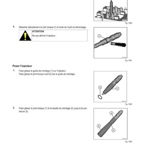 May include: Diagram of automotive repair steps with illustrations and text in French. Includes images of tools and components, with labels and figure numbers. The text includes the word "ATTENTION" and instructions for the procedure.