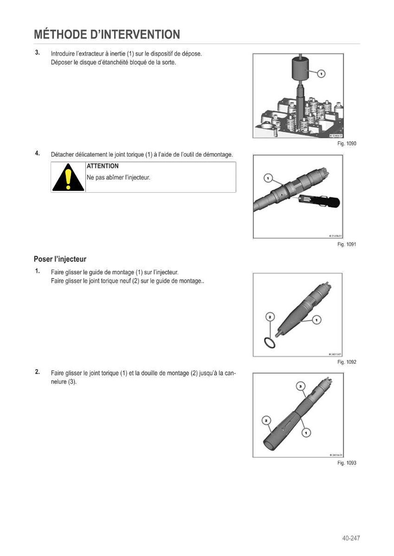 May include: Diagram of automotive repair steps with illustrations and text in French. Includes images of tools and components, with labels and figure numbers. The text includes the word "ATTENTION" and instructions for the procedure.
