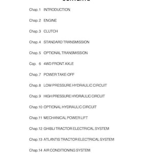 May include: A white page with the word "CONTENTS" at the top, followed by a list of chapter titles. Chapters include "INTRODUCTION", "ENGINE", "CLUTCH", and "AIR CONDITIONING SYSTEM".