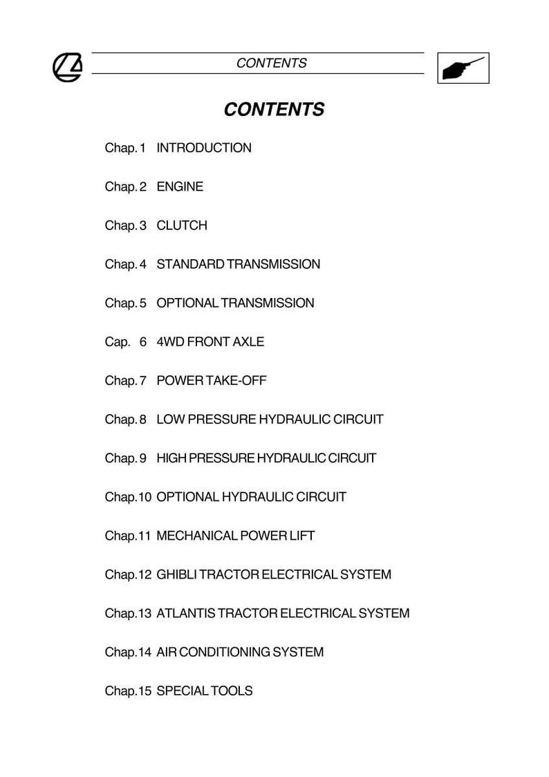 May include: A white page with the word "CONTENTS" at the top, followed by a list of chapter titles. Chapters include "INTRODUCTION", "ENGINE", "CLUTCH", and "AIR CONDITIONING SYSTEM".