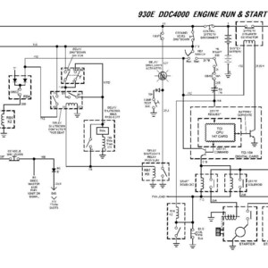 Puede incluir: Diagrama esquem&aacute;tico en blanco y negro etiquetado como "930E DDC4000 ENGINE RUN & START". El diagrama muestra el sistema el&eacute;ctrico de un motor, con texto, s&iacute;mbolos y l&iacute;neas.
