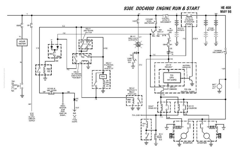Puede incluir: Diagrama esquem&aacute;tico en blanco y negro etiquetado como "930E DDC4000 ENGINE RUN & START". El diagrama muestra el sistema el&eacute;ctrico de un motor, con texto, s&iacute;mbolos y l&iacute;neas.