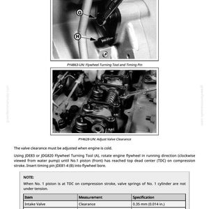 May include: Diagram of engine valve clearance adjustment, with close-up shots of tools and components. Includes text detailing the process, with measurements in inches and millimeters. The image is from a repair manual.