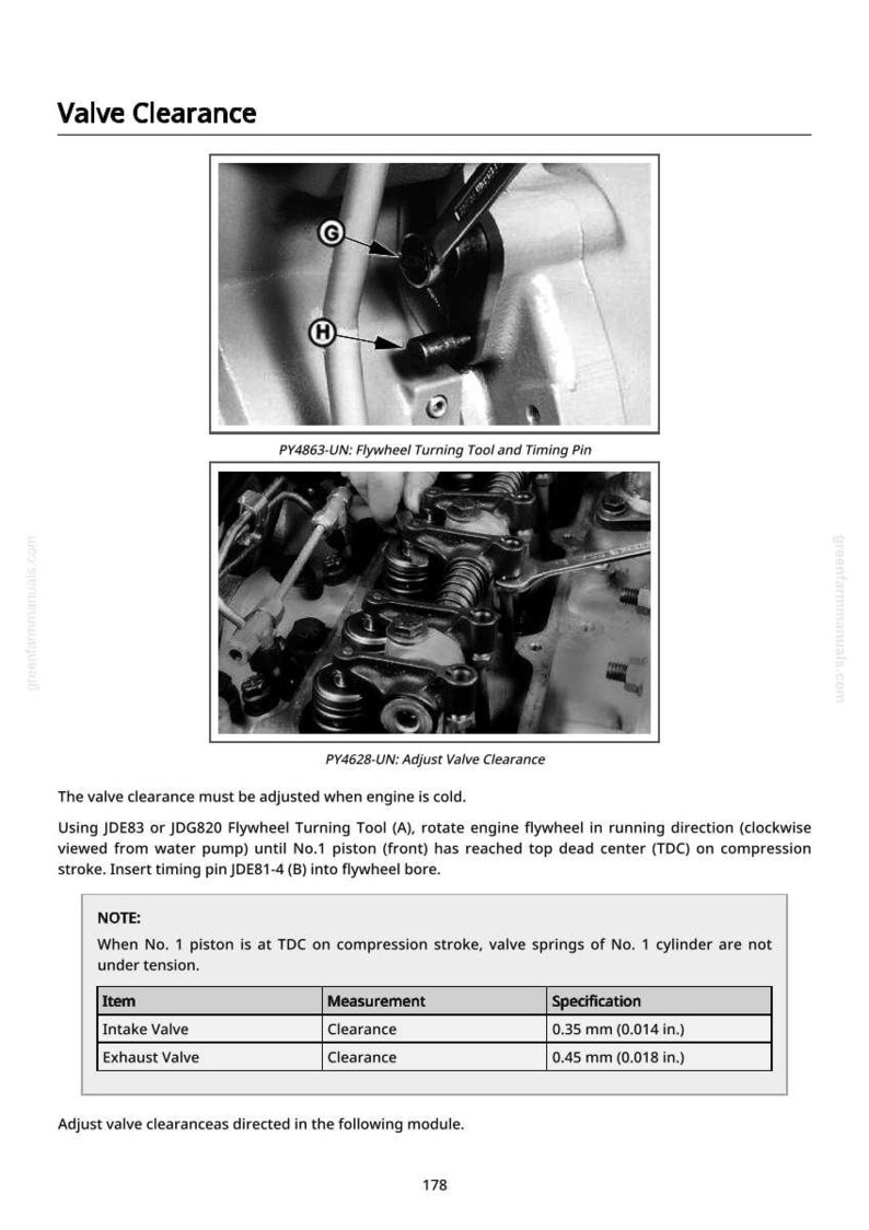 May include: Diagram of engine valve clearance adjustment, with close-up shots of tools and components. Includes text detailing the process, with measurements in inches and millimeters. The image is from a repair manual.