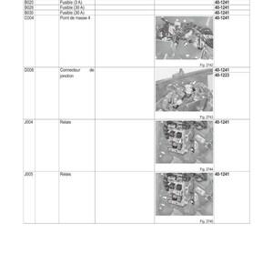 Op de afbeelding: Elektrisch schema met een tabel met informatie over zekeringen en relais. De tabel bevat referentienummers, pinnummers en beschrijvingen. Er worden verschillende afbeeldingen van elektrische componenten getoond.