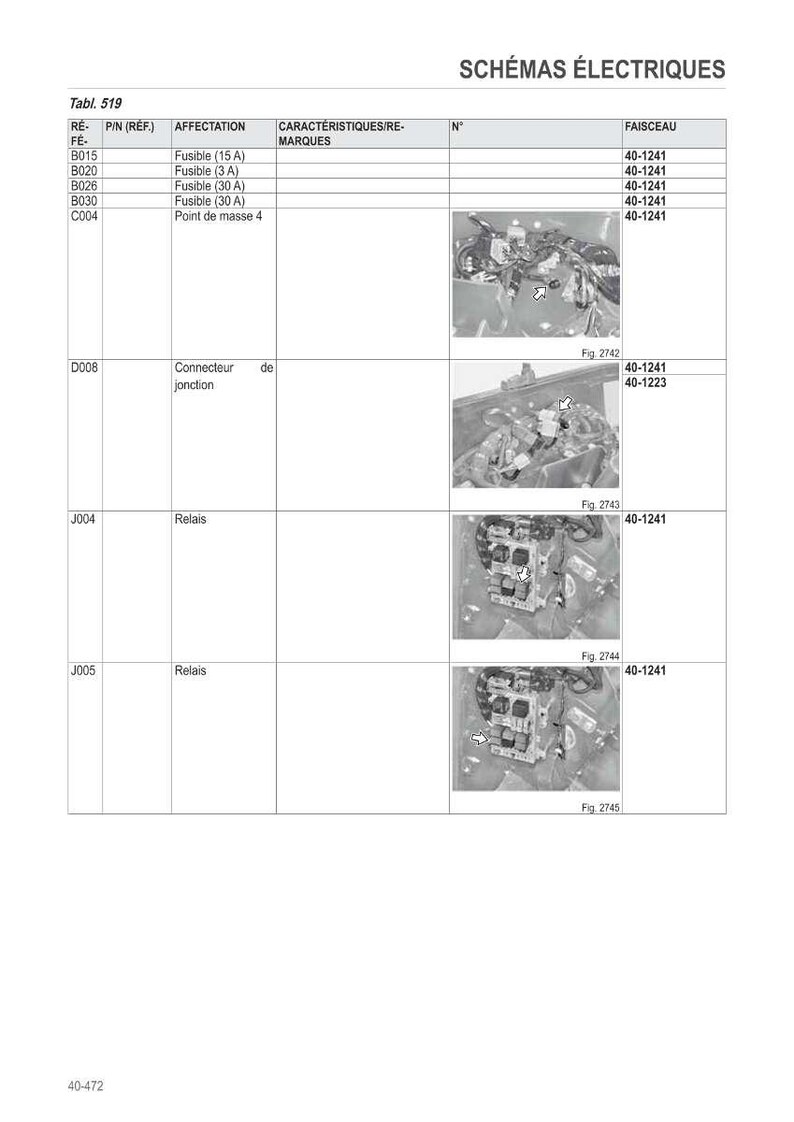 Op de afbeelding: Elektrisch schema met een tabel met informatie over zekeringen en relais. De tabel bevat referentienummers, pinnummers en beschrijvingen. Er worden verschillende afbeeldingen van elektrische componenten getoond.