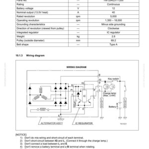 May include: Diagram of an alternator with specifications, including manufacturer's model, part number, voltage, and wiring diagram. The pulley diameter is 69.2 mm, and the weight is 2.8 kg. Includes a notice with safety instructions.
