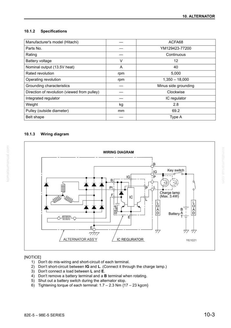 May include: Diagram of an alternator with specifications, including manufacturer's model, part number, voltage, and wiring diagram. The pulley diameter is 69.2 mm, and the weight is 2.8 kg. Includes a notice with safety instructions.