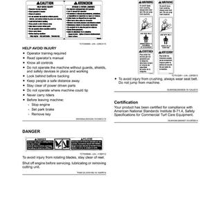 May include: A page of safety labels with text in English and Spanish. The labels include warnings about injury, operating instructions, and certification information. The labels are for commercial turf care equipment.