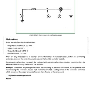 May include: Diagram of a simple electrical circuit with a battery, switch, and load, illustrating circuit malfunctions. Text includes "Circuit Malfunctions" and "RW45155-UN: Electrical circuit malfunction areas."