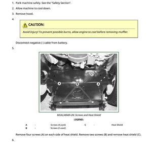 May include: Diagram for removing and installing a muffler, FS651V model. Instructions include safety precautions, cooling, and removing the hood. The image shows the heat shield and screw locations labeled A, B, and C.