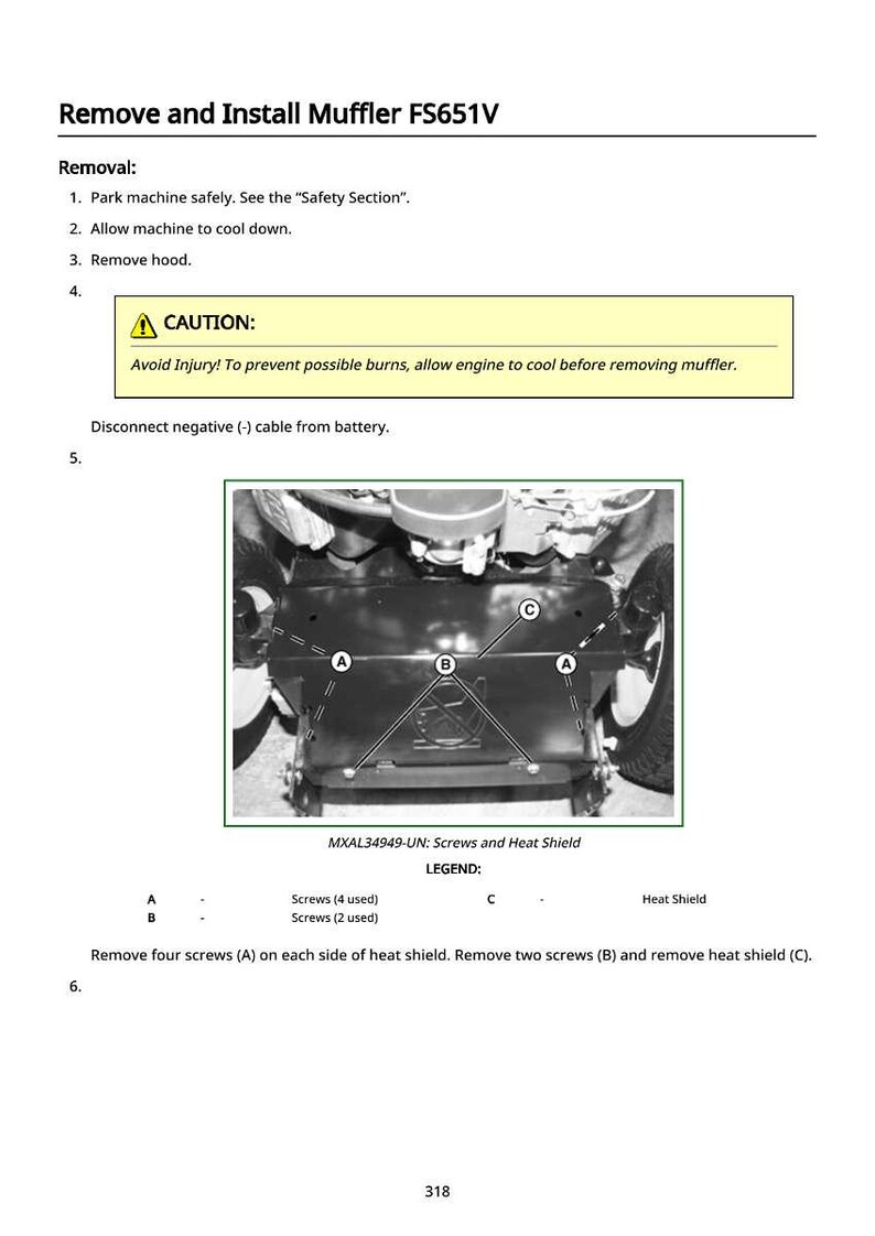 May include: Diagram for removing and installing a muffler, FS651V model. Instructions include safety precautions, cooling, and removing the hood. The image shows the heat shield and screw locations labeled A, B, and C.