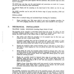 May include: A printed page with installation instructions for an MCM controller, including mechanical installation details. The text covers general information, mounting, and protection guidelines for the controller.