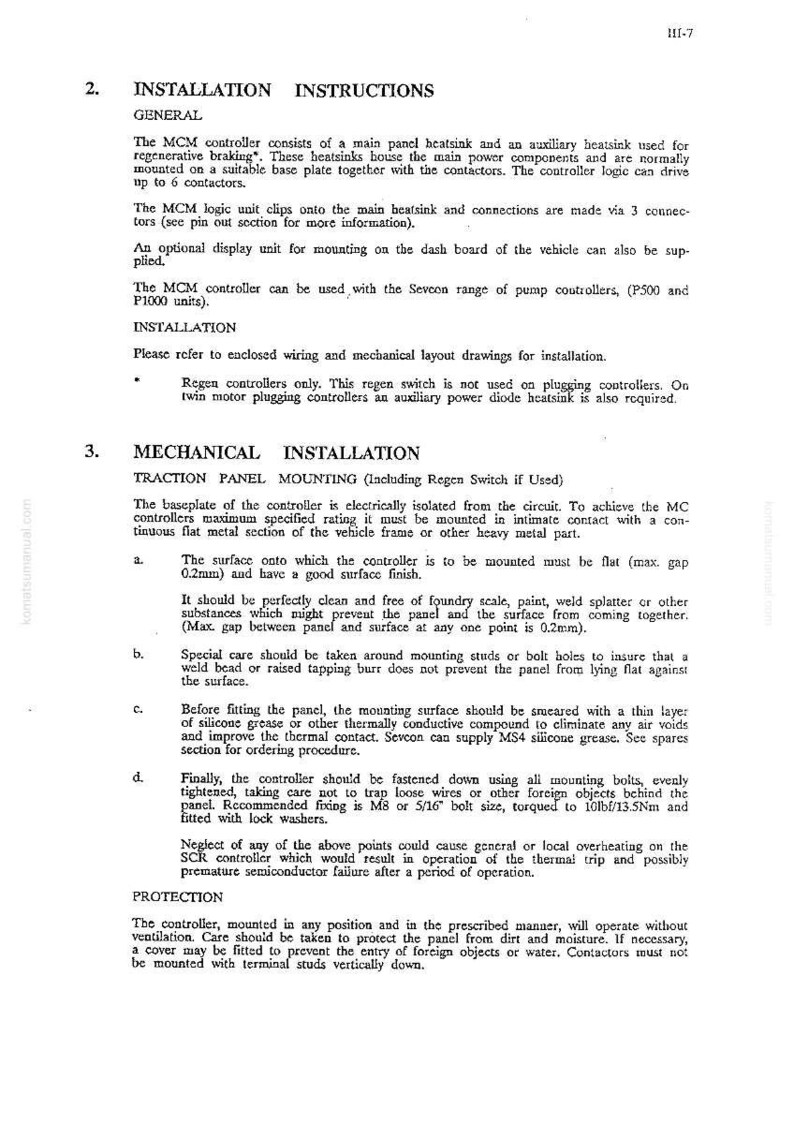 May include: A printed page with installation instructions for an MCM controller, including mechanical installation details. The text covers general information, mounting, and protection guidelines for the controller.