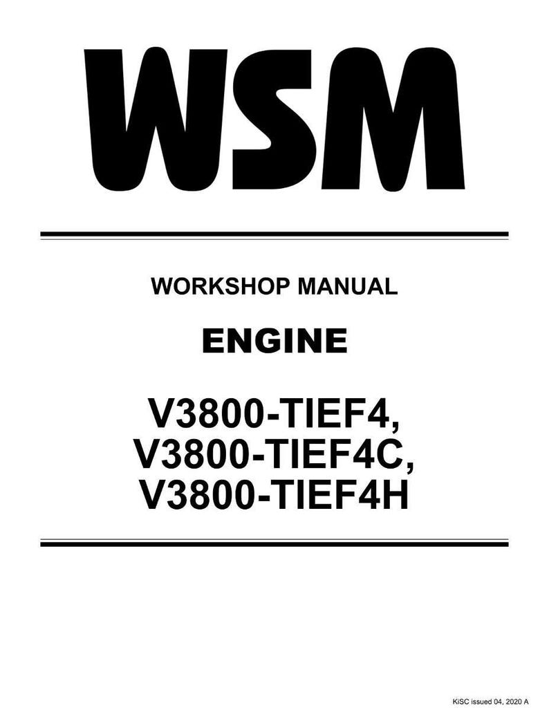 Puede incluir: Documento blanco con texto negro. La parte superior del documento dice "WSM" en letras en negrita. Debajo, el texto dice "WORKSHOP MANUAL ENGINE" y enumera los n&uacute;meros de modelo de motor V3800-TIEF4, V3800-TIEF4C y V3800-TIEF4H.