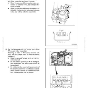 以下が含まれることがあります： ラジオ制御システムの図。部品にラベルが付いています。ブラケット、保護バー、内部コンポーネントのイラストが含まれています。テキストには、手順とFCC ID: LW9-CS458-Txが含まれています。