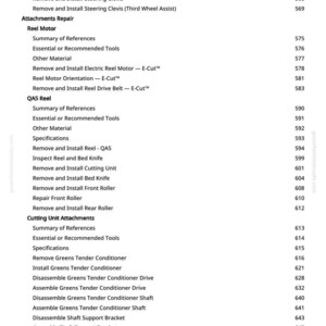 May include: A manual page detailing various repair procedures. The text lists instructions for removing and installing components like steering valves, cylinders, and reel motors. It also includes specifications and other relevant information.