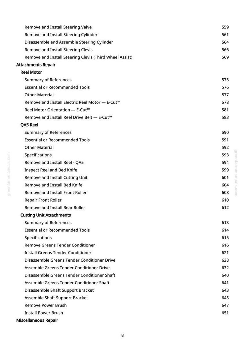 May include: A manual page detailing various repair procedures. The text lists instructions for removing and installing components like steering valves, cylinders, and reel motors. It also includes specifications and other relevant information.