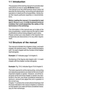 Puede incluir: Una p&aacute;gina de un manual titulado "Leyendo el manual" con la introducci&oacute;n y la estructura del manual. El texto explica el prop&oacute;sito del manual, que es proporcionar instrucciones sobre c&oacute;mo reparar tractores de la serie 60.