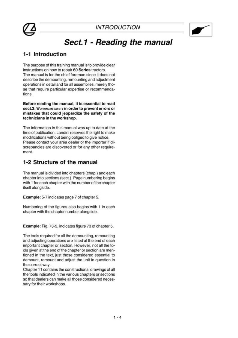 Puede incluir: Una p&aacute;gina de un manual titulado "Leyendo el manual" con la introducci&oacute;n y la estructura del manual. El texto explica el prop&oacute;sito del manual, que es proporcionar instrucciones sobre c&oacute;mo reparar tractores de la serie 60.