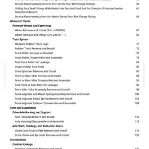 May include: A page from a manual with a table of contents. The text includes service recommendations for fittings, wheels, tracks, axles, suspension, and transmission components. Page numbers are listed on the right.