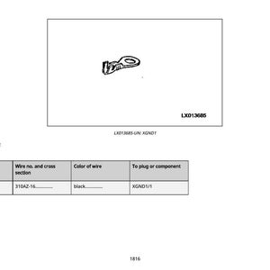 May include: Diagram of an electrical component, featuring a ring terminal and a table with technical specifications. The table includes details on wire number, cross-section, wire color (black), and the component it connects to.