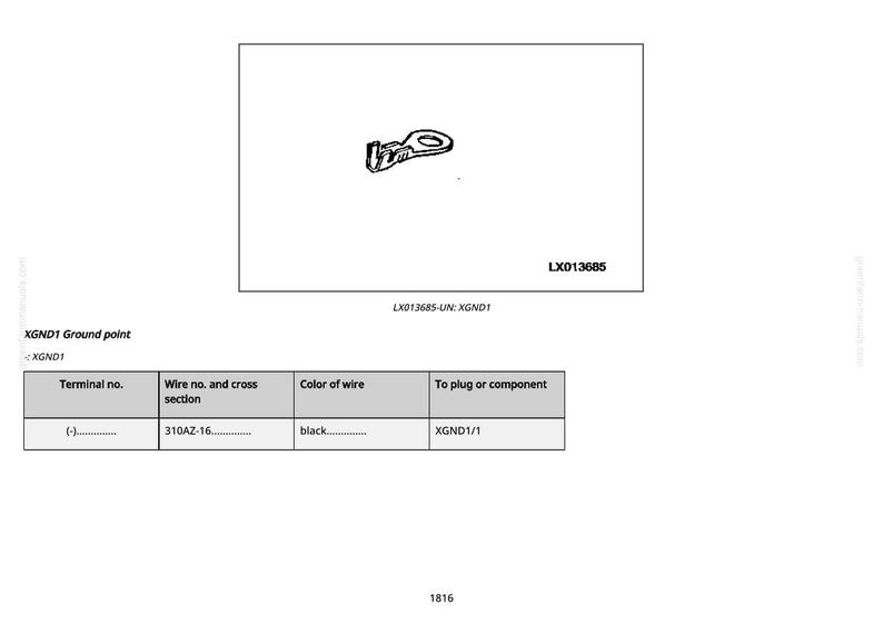 May include: Diagram of an electrical component, featuring a ring terminal and a table with technical specifications. The table includes details on wire number, cross-section, wire color (black), and the component it connects to.