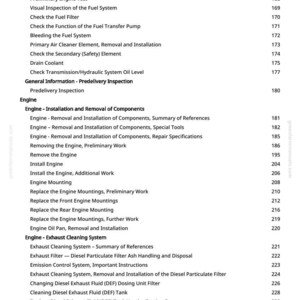 May include: A page from a manual with a table of contents. The headings include tests, adjustments, engine, exhaust cleaning, and fuel systems. Page numbers are listed on the right side of the page.