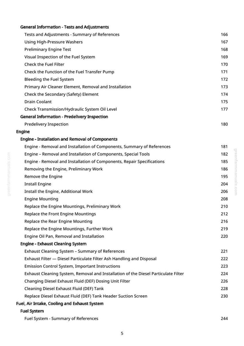 May include: A page from a manual with a table of contents. The headings include tests, adjustments, engine, exhaust cleaning, and fuel systems. Page numbers are listed on the right side of the page.