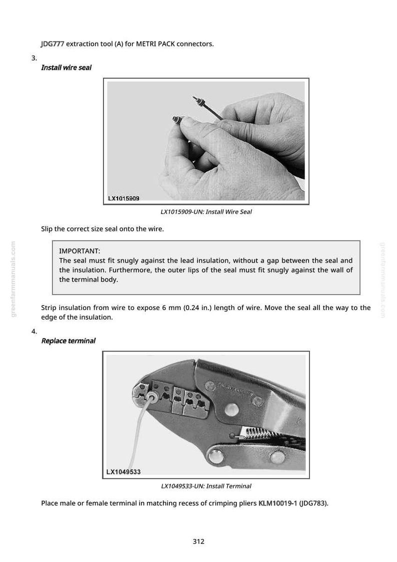 May include: Diagram showing the installation of a wire seal and terminal. The first image shows a hand installing a wire seal. The second image shows a crimping tool installing a terminal. Text includes "Install Wire Seal" and "Install Terminal".