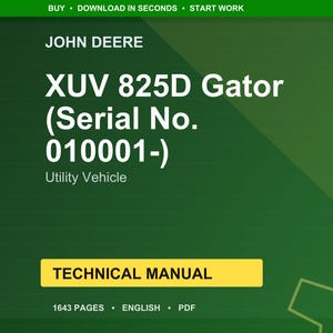 K&ouml;nnte beinhalten: Ein digitales technisches Handbuch f&uuml;r das John Deere XUV 825D Gator Nutzfahrzeug. Das Cover ist gr&uuml;n mit wei&szlig;em Text, einschlie&szlig;lich Modellname, Seriennummer und den Worten "Technisches Handbuch". Das Handbuch hat 1643 Seiten.