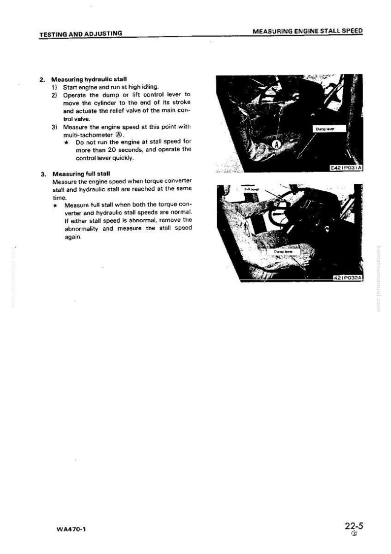 May include: A page from a manual titled "Testing and Adjusting" with instructions on measuring engine stall speed. Includes diagrams of engine components and text instructions. The manual is labeled WA470-1.