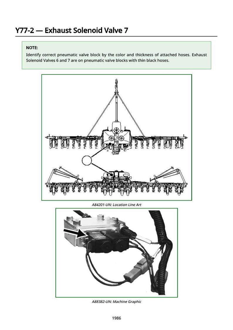Op de afbeelding: Technische tekening van een uitlaatmagneetventiel, aangeduid als Y77-2. De afbeelding bevat lijntekeningen en een machinegrafiek, met tekst die identificatiegegevens en instructies geeft.