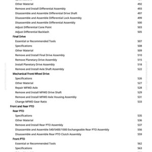 May include: A page from a manual detailing automotive repair procedures. The text includes sections on axles, differentials, final drives, and PTO systems, with specific instructions and page numbers.