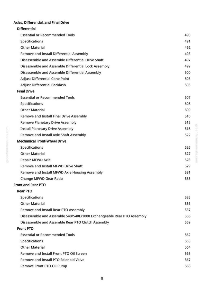 May include: A page from a manual detailing automotive repair procedures. The text includes sections on axles, differentials, final drives, and PTO systems, with specific instructions and page numbers.