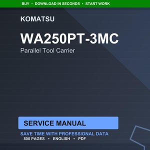 Puede incluir: Documento digital azul oscuro con el logotipo de Komatsu y el texto "WA250PT-3MC Parallel Tool Carrier". El texto "Service Manual" est&aacute; en un cuadro azul, con detalles sobre el contenido y el formato.