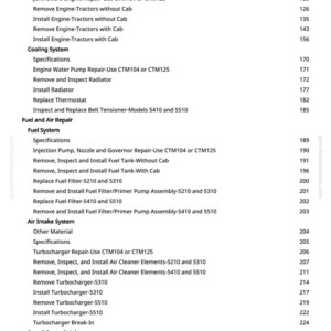 May include: A page from a manual with a table of contents for engine repair, including sections on cooling, fuel, air intake, and speed control. The text is in black font on a white background.