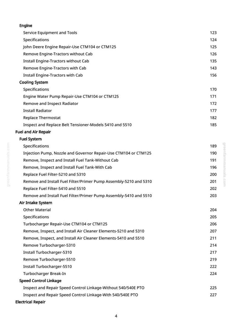 May include: A page from a manual with a table of contents for engine repair, including sections on cooling, fuel, air intake, and speed control. The text is in black font on a white background.
