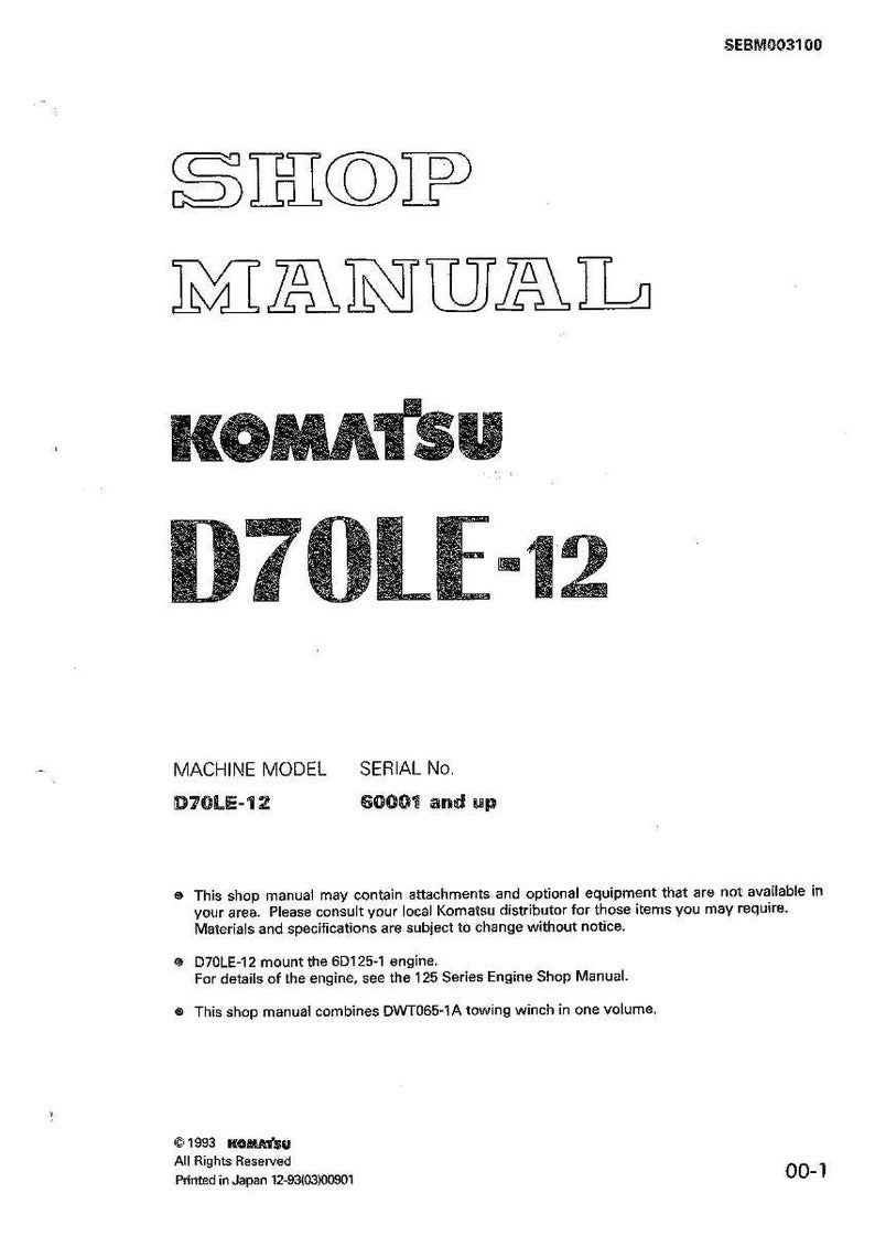 May include: A white shop manual cover with the title "SHOP MANUAL" in a bold, outlined font. The Komatsu logo and "D70LE-12" are prominently displayed. Includes machine model and serial number information.