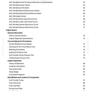 May include: A white page with a list of technical specifications and engine system information. The text includes terms like "Sensor Power Feed", "Height Control", and "Fuel System". The page number is 3.