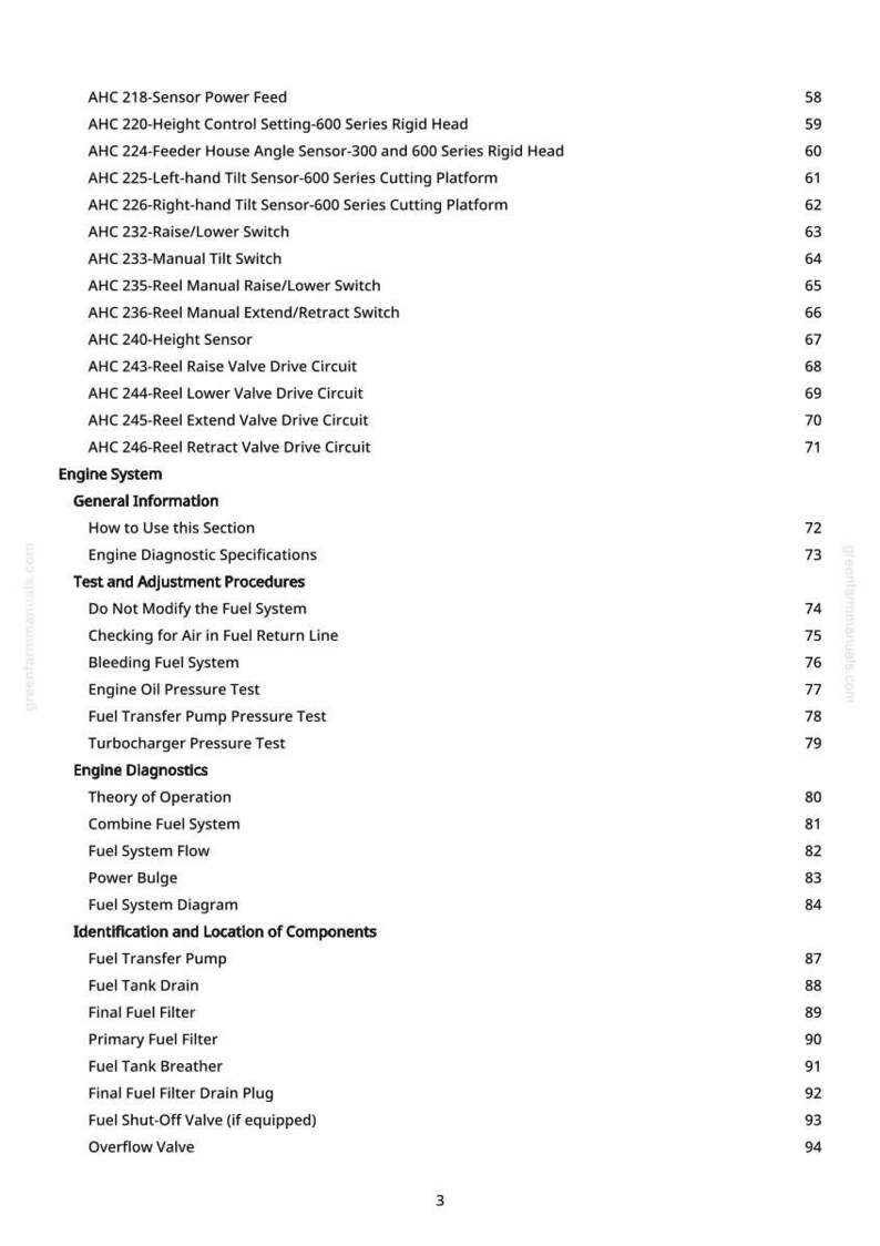 May include: A white page with a list of technical specifications and engine system information. The text includes terms like "Sensor Power Feed", "Height Control", and "Fuel System". The page number is 3.