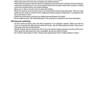 May include: Page from a manual titled "SECTION 1001" with safety instructions for wheels, tires, and hitching. Text includes warnings about tire inflation, handling heavy parts, and safety gear. Edition 07-2013.