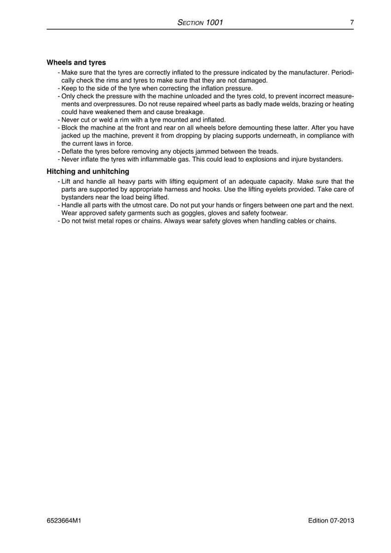 May include: Page from a manual titled "SECTION 1001" with safety instructions for wheels, tires, and hitching. Text includes warnings about tire inflation, handling heavy parts, and safety gear. Edition 07-2013.