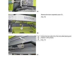 May include: Diagram of a CLAAS returns elevator with instructions. The image shows steps to remove and unlock components, including a lock collar bearing and sheet-metal flange. Text includes "MEDION" and figure references.