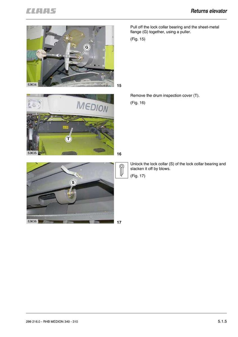 May include: Diagram of a CLAAS returns elevator with instructions. The image shows steps to remove and unlock components, including a lock collar bearing and sheet-metal flange. Text includes "MEDION" and figure references.