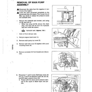 May include: A page from a manual titled "Disassembly and Assembly" with instructions for removing a main pump assembly. The page includes diagrams and numbered steps for the process, with text in black font. The page number is 455.
