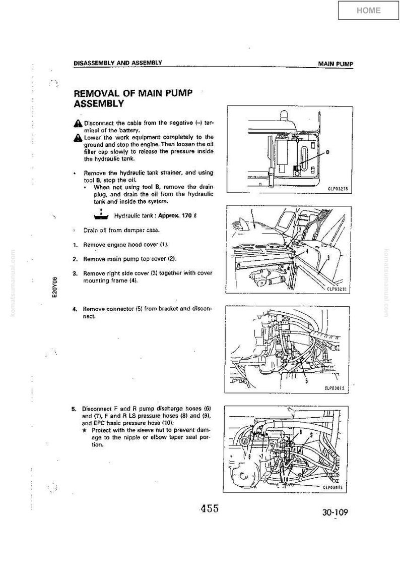 May include: A page from a manual titled "Disassembly and Assembly" with instructions for removing a main pump assembly. The page includes diagrams and numbered steps for the process, with text in black font. The page number is 455.